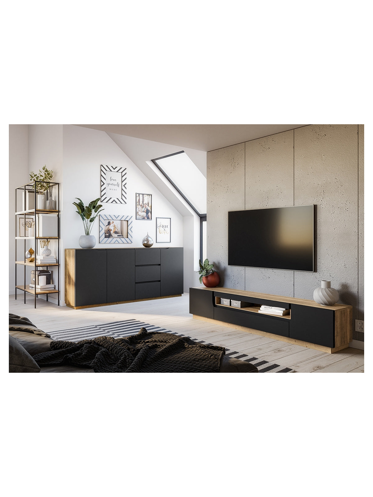 Loftia 200 cm TV szekrény kétajtós, fekete matt front, artisan tölgy korpusz
