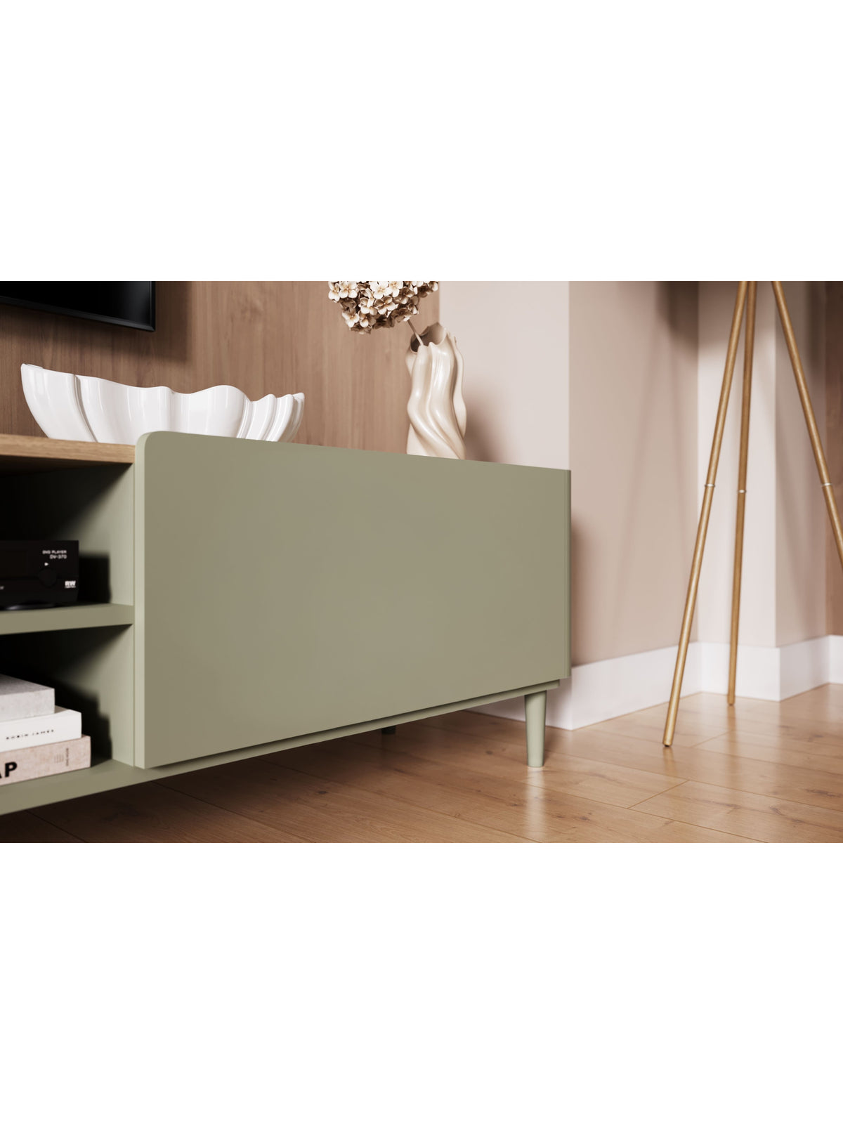 Elivo 170 cm-es TV-szekrény eukaliptusz színben, baltic dune tölgy lap, elülső részlet