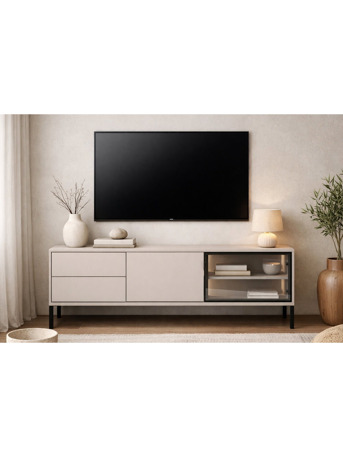 Harmona TV szekrény 160 cm kasmír LED világítással, fiókokkal és üvegfronttal
