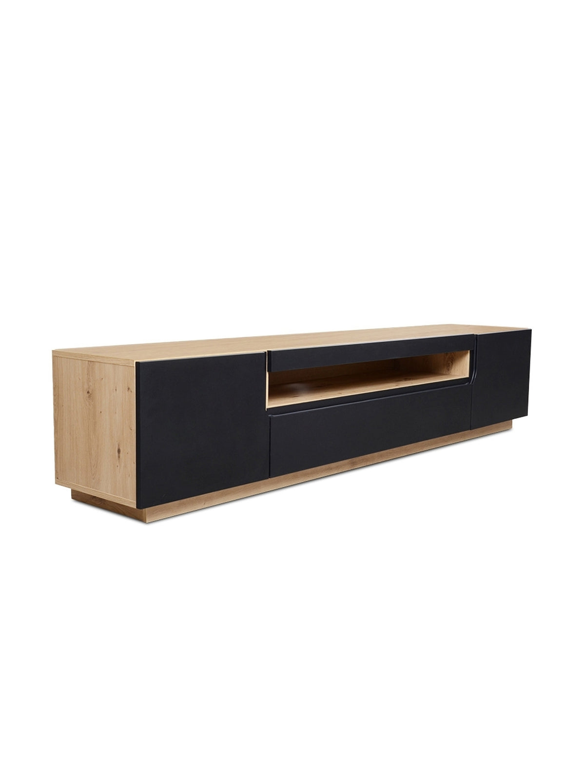 Szafka RTV Loftia 200 cm dwudrzwiowa czarny mat z wnęką dębowy korpus artisan