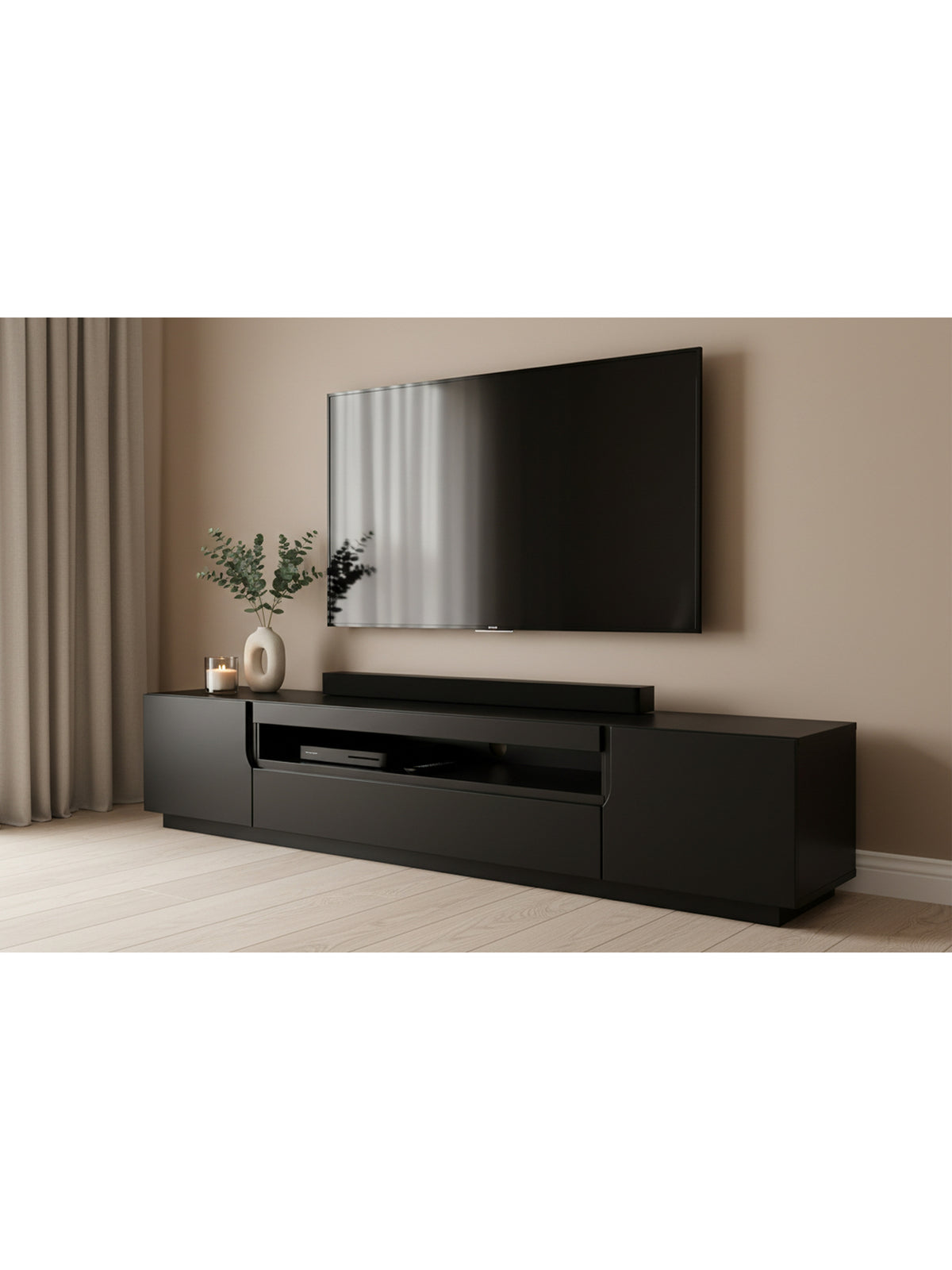 Szafka RTV Loftia 200 cm dwudrzwiowa czarny mat z wnęką, gładki front, cokół