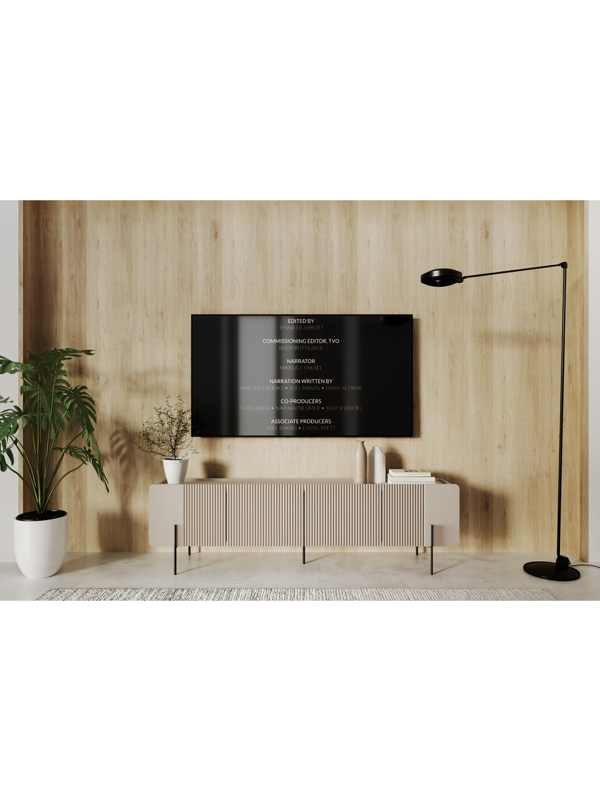 Szafka RTV Malmi 200 cm kaszmir mat z czarnymi metalowymi nogami, ryflowany front