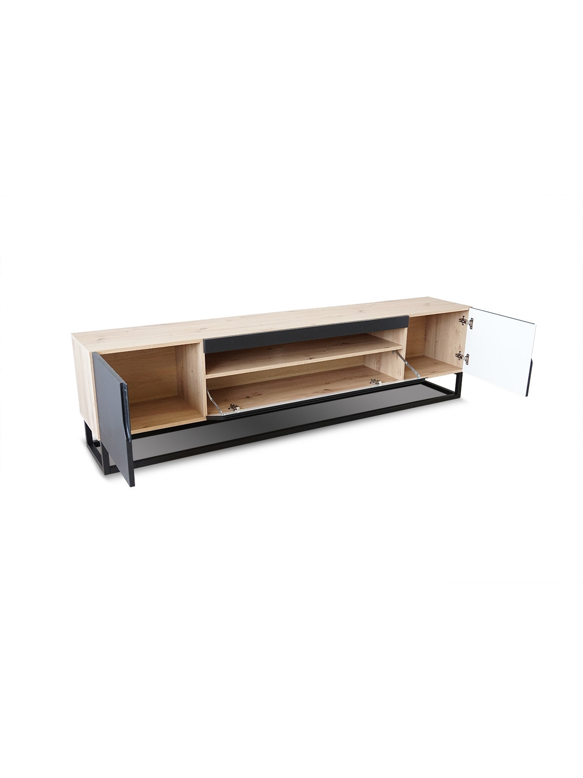 Szafka RTV Loftia 200 cm z wnęką, czarny mat, ryflowany front, metalowy stelaż