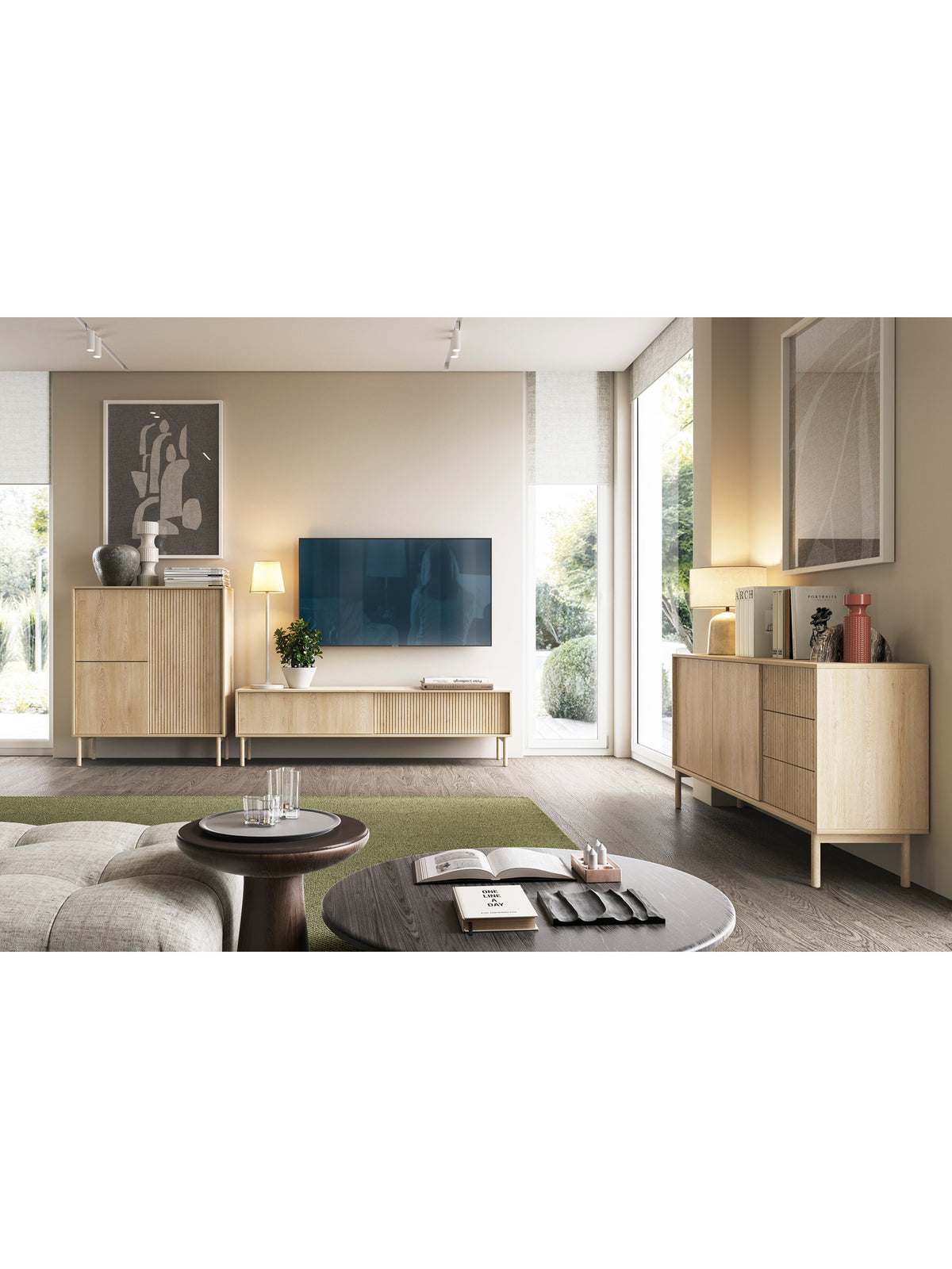 Szafka RTV Rivio 153 cm dąb cremona z ryflowanymi frontami i systemem push to open