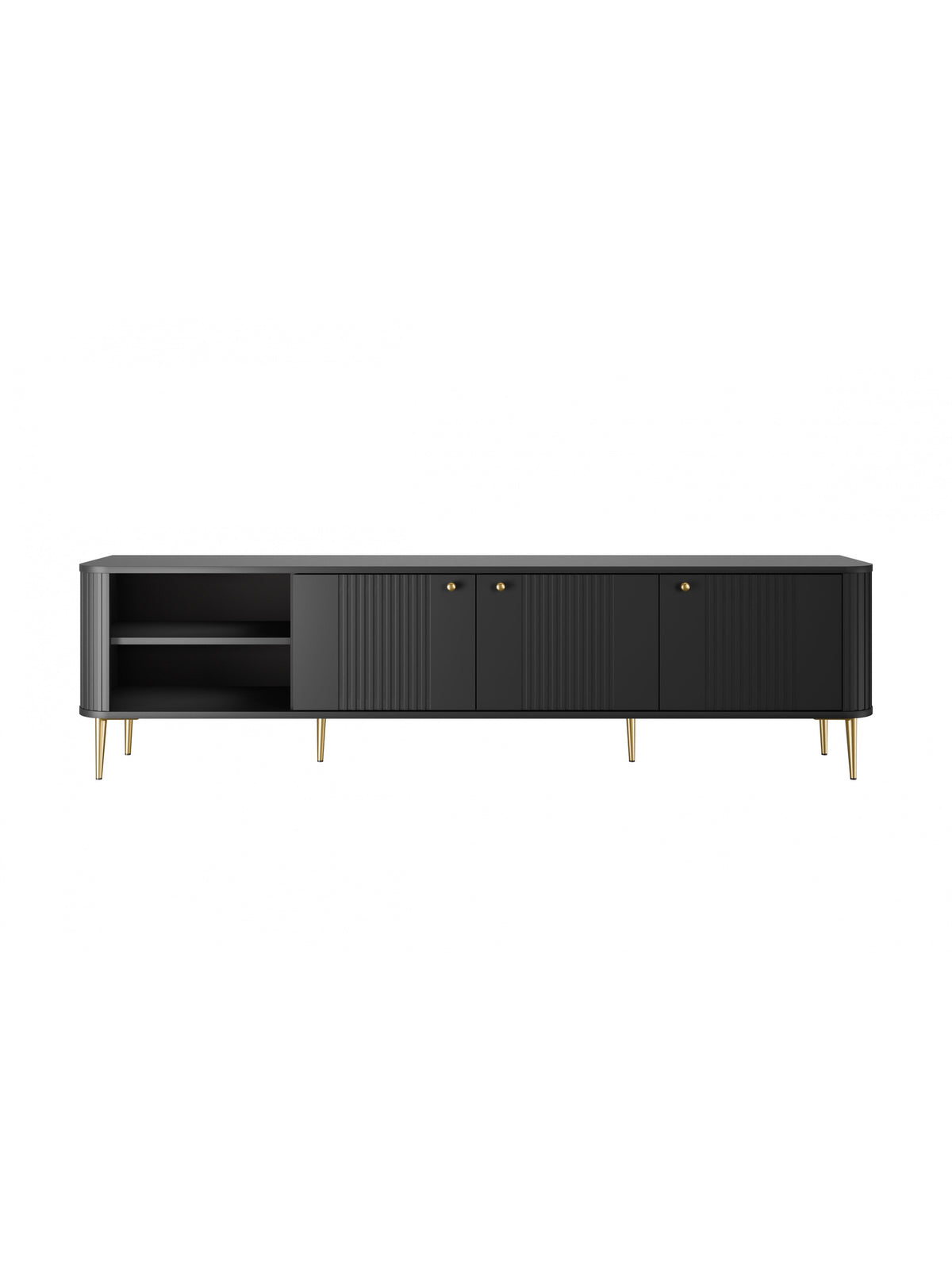 Fekete Vesper 3D TV szekrény arany színű lábakkal és bordázott fronttal, 187 cm