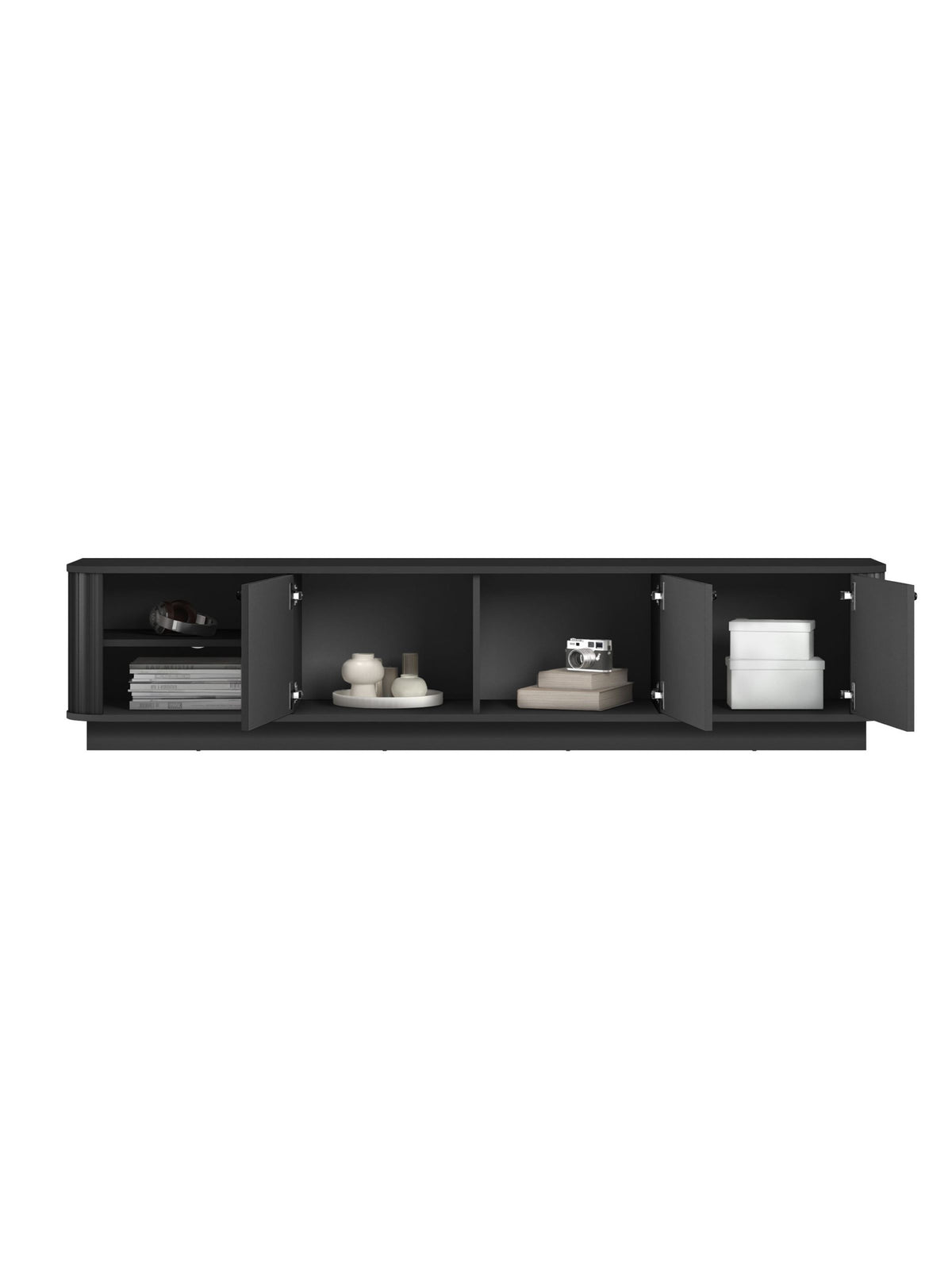 Fekete Vesper 3D 187 cm TV szekrény talppal, három ajtóval és bordázott frontokkal