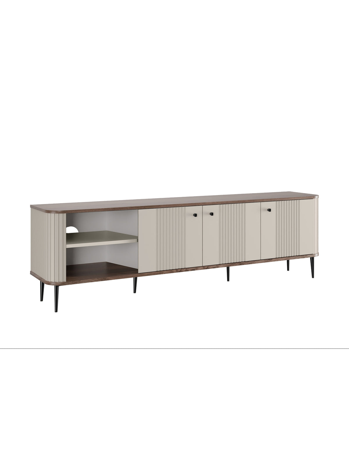 Vesper 3D 187 cm-es RTV szekrény kasmírszínű, diófa lap és fekete lábak, bordázott front