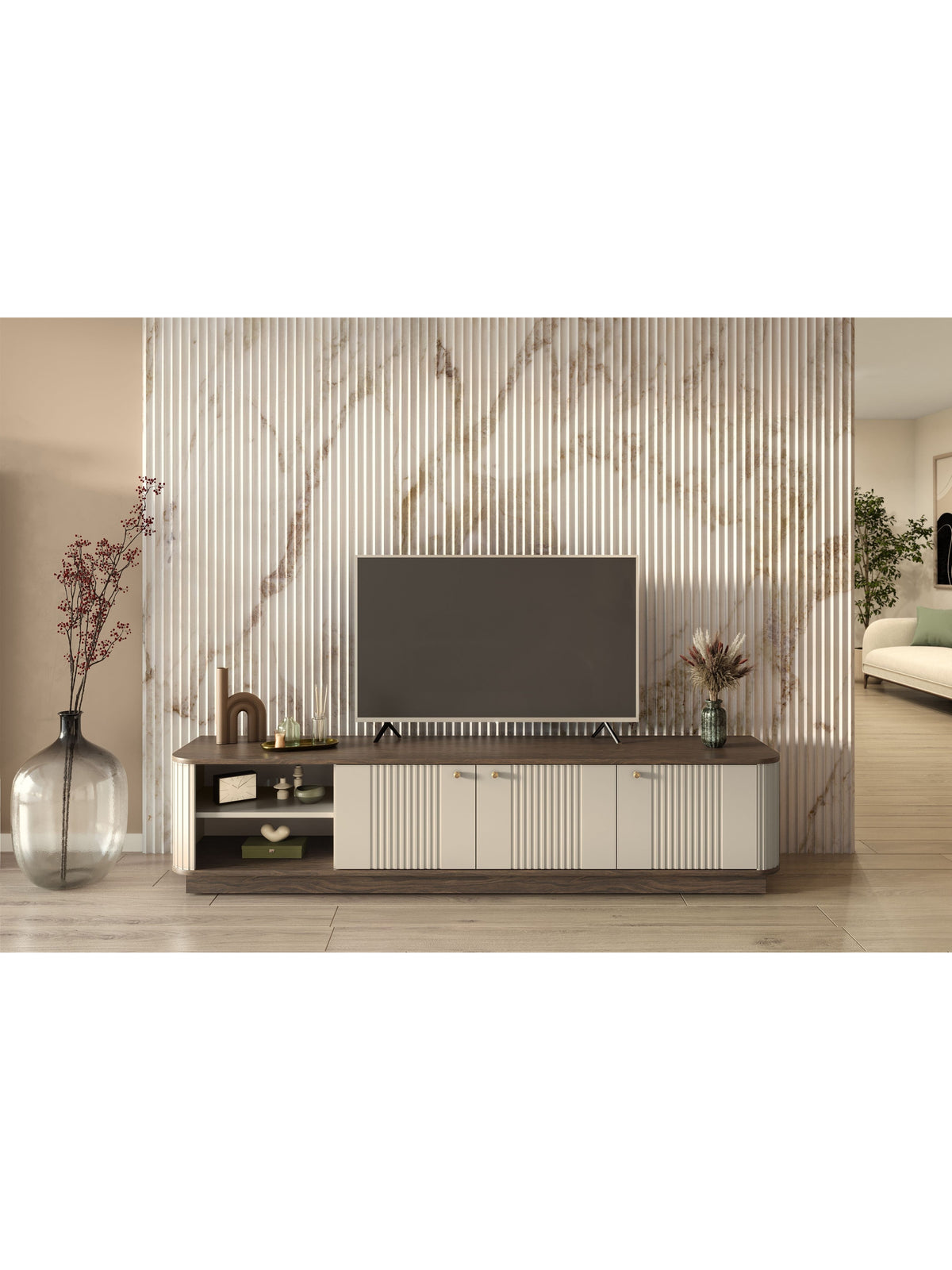 Vesper 3D 187 cm-es RTV szekrény kasmírszínű bordázott fronttal és arany fogantyúkkal