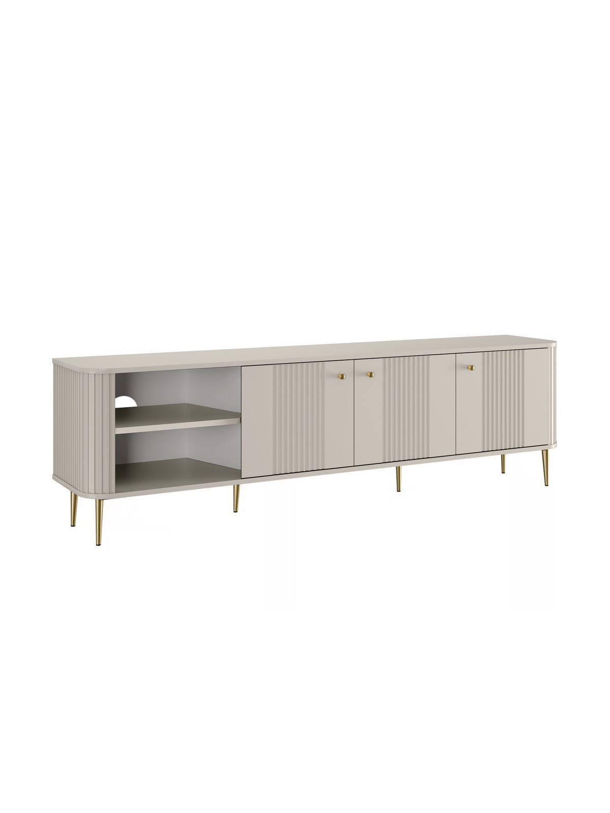 Vesper 3D 187 cm-es TV szekrény kasmír színben bordázott fronttal és arany lábakkal