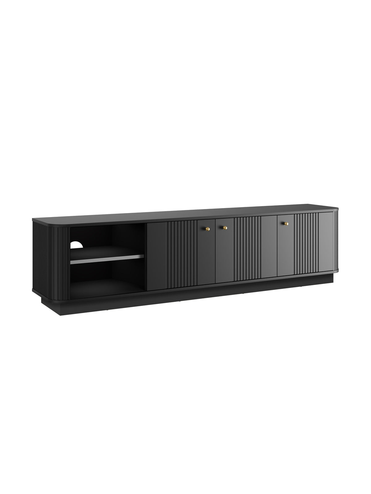 Fekete Vesper 3D 187 cm RTV szekrény, három bordázott ajtóval és arany fogantyúkkal
