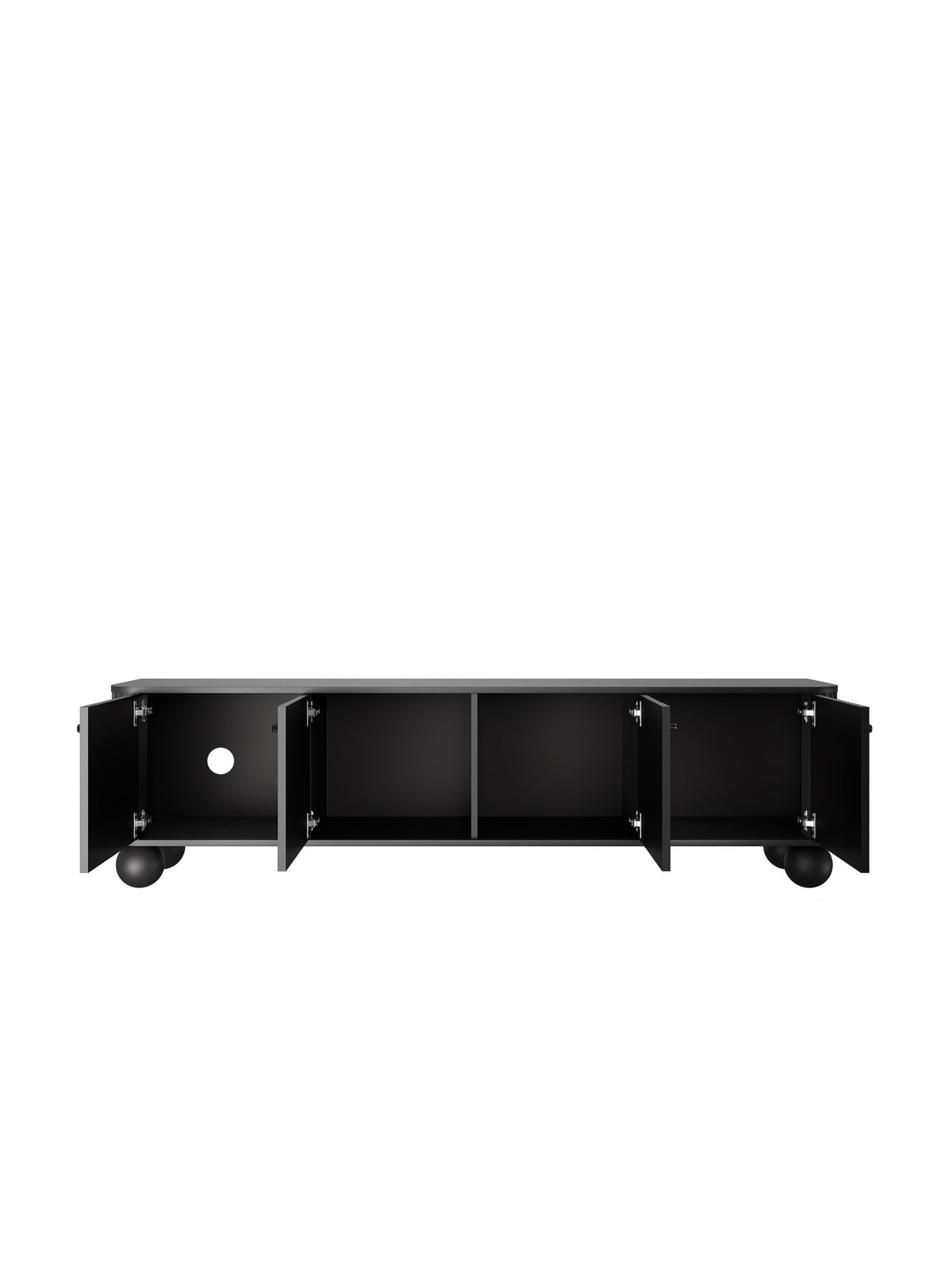 Fekete Vesper 4D TV-szekrény 187 cm fekete fogantyúval és gömb alakú lábakkal, nyitott ajtók