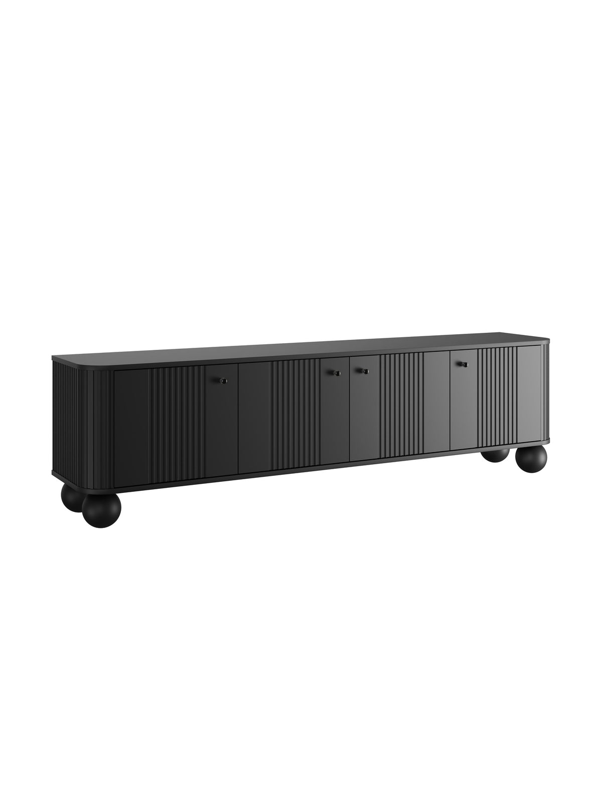 Vesper 4D 187 cm fekete matt TV-szekrény bordázott ajtókkal és gömb lábakkal