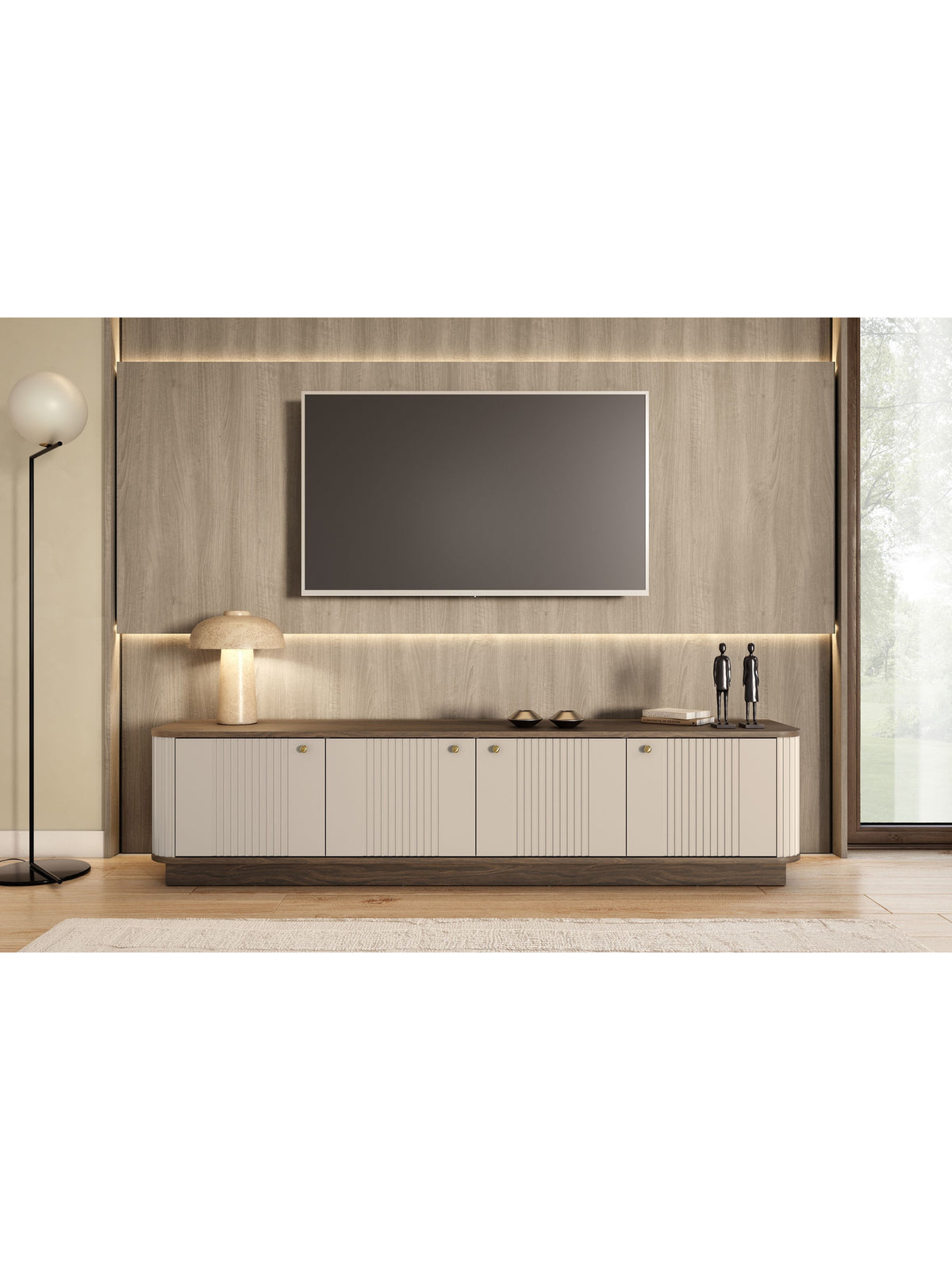 Vesper 4D 187 cm RTV szekrény kasmír színű bordázott ajtókkal és arany fogantyúkkal
