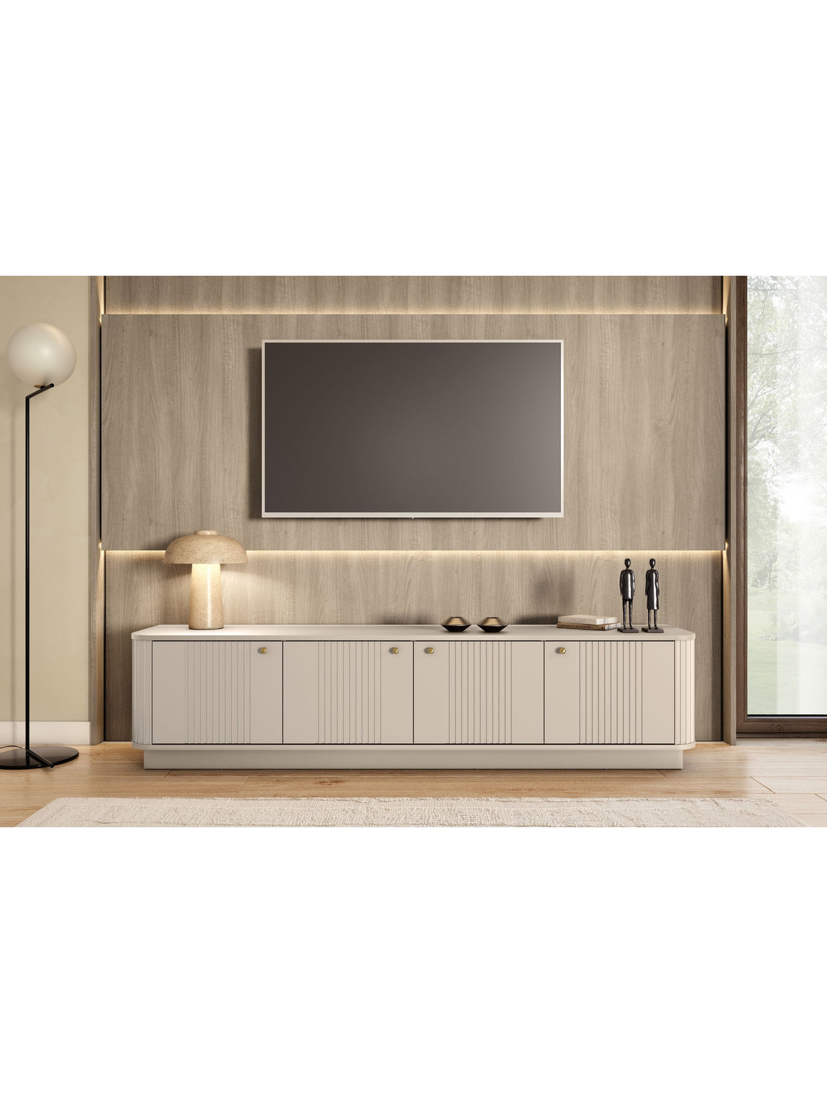 Vesper 4D TV szekrénykaszmir színű bordázott frontokkal és arany fogantyúkkal, elölnézet