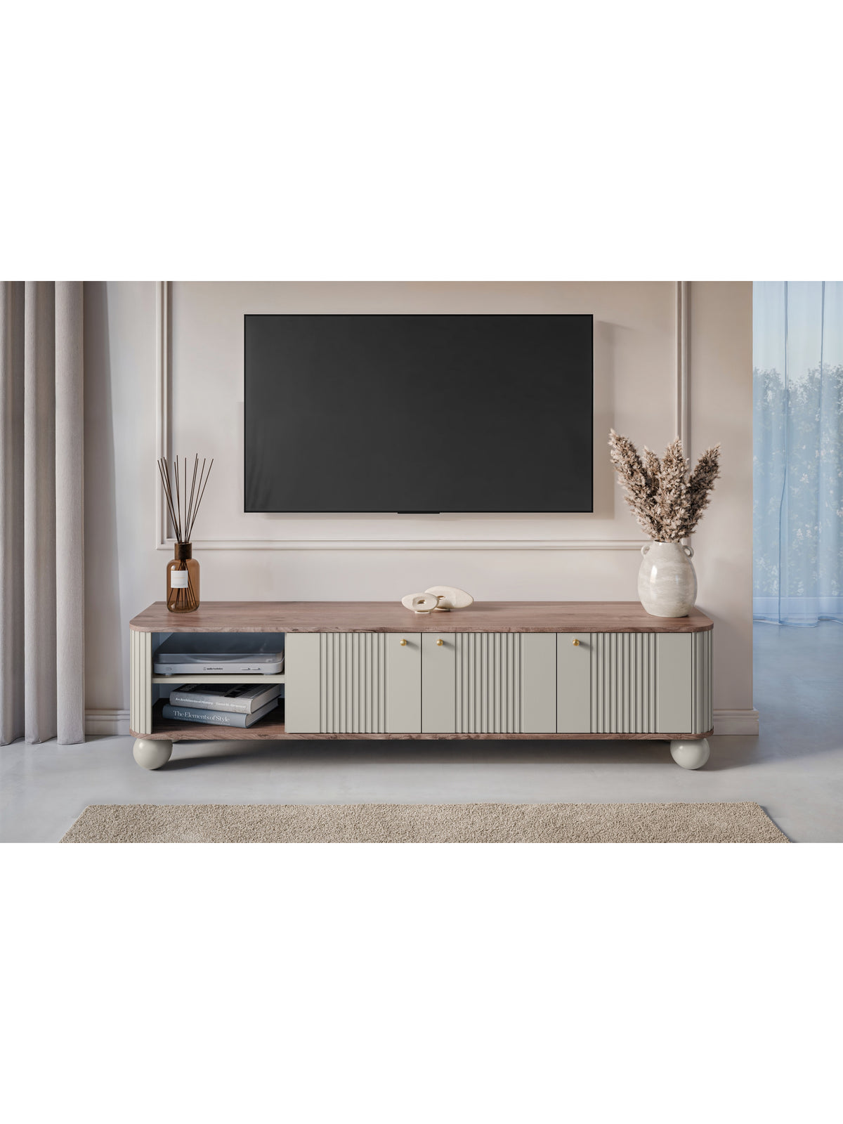Vesper TV-szekrény 187 cm, háromajtós kasmír, dió, arany fogantyúk, gömb lábak