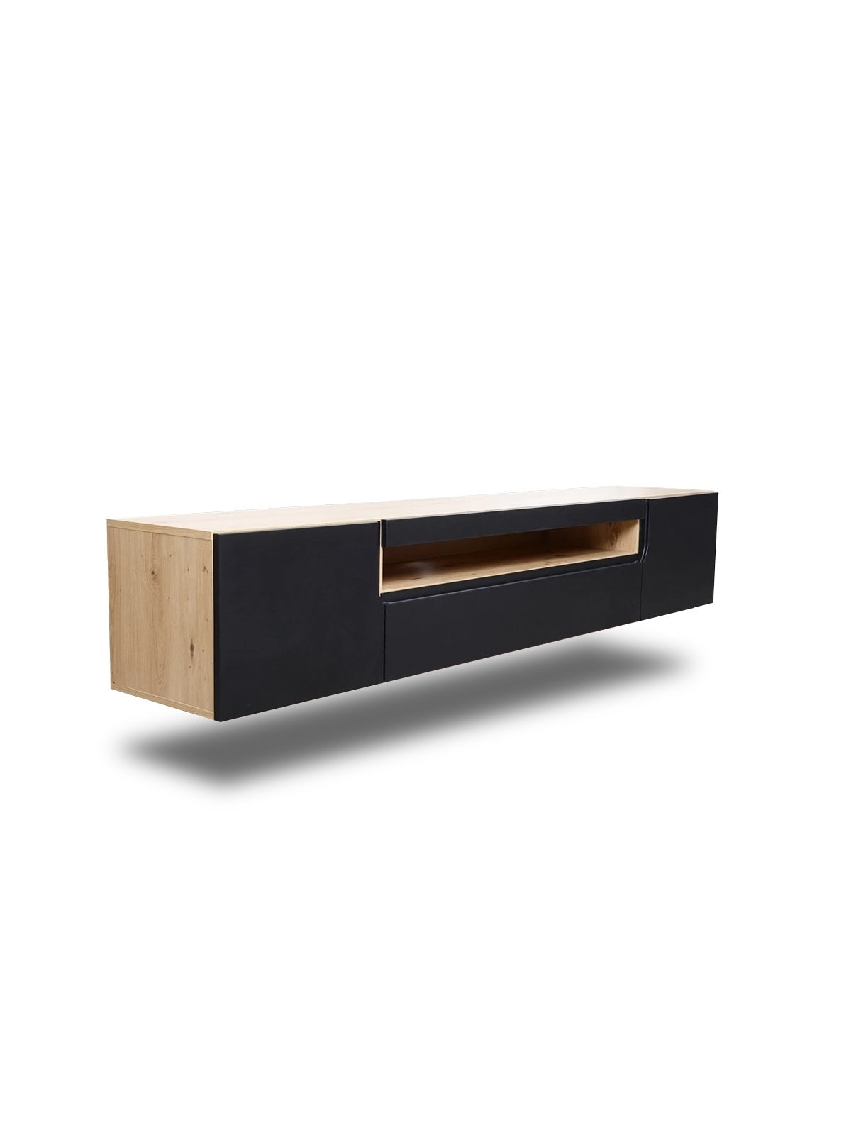 Loftia 200 cm falra szerelhető TV szekrény kétajtós, fakkal, fekete matt, artisan tölgy test