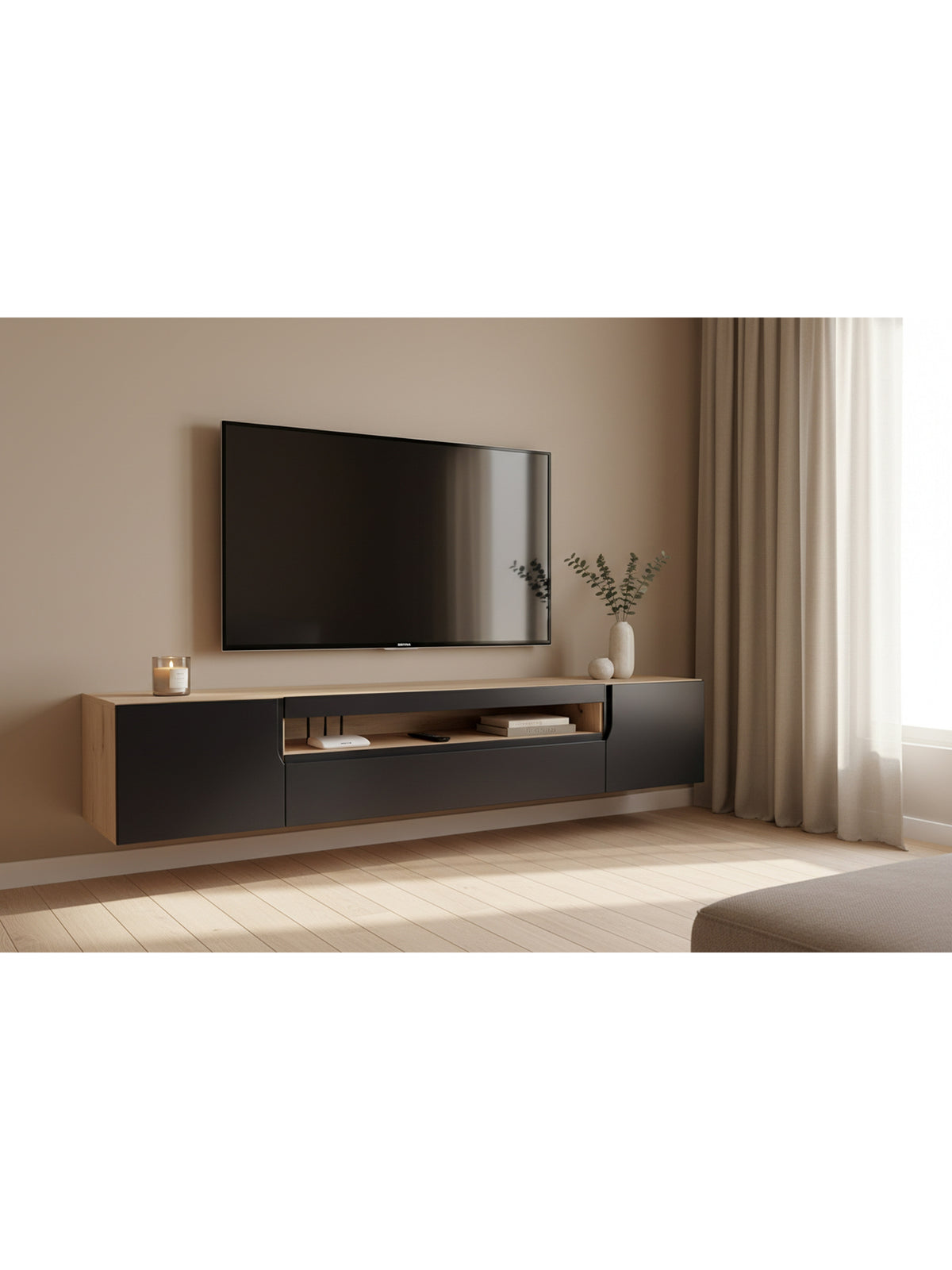 Loftia 200 cm fali TV-szekrény két ajtós, nyitott rekesszel fekete matt artisan tölgy