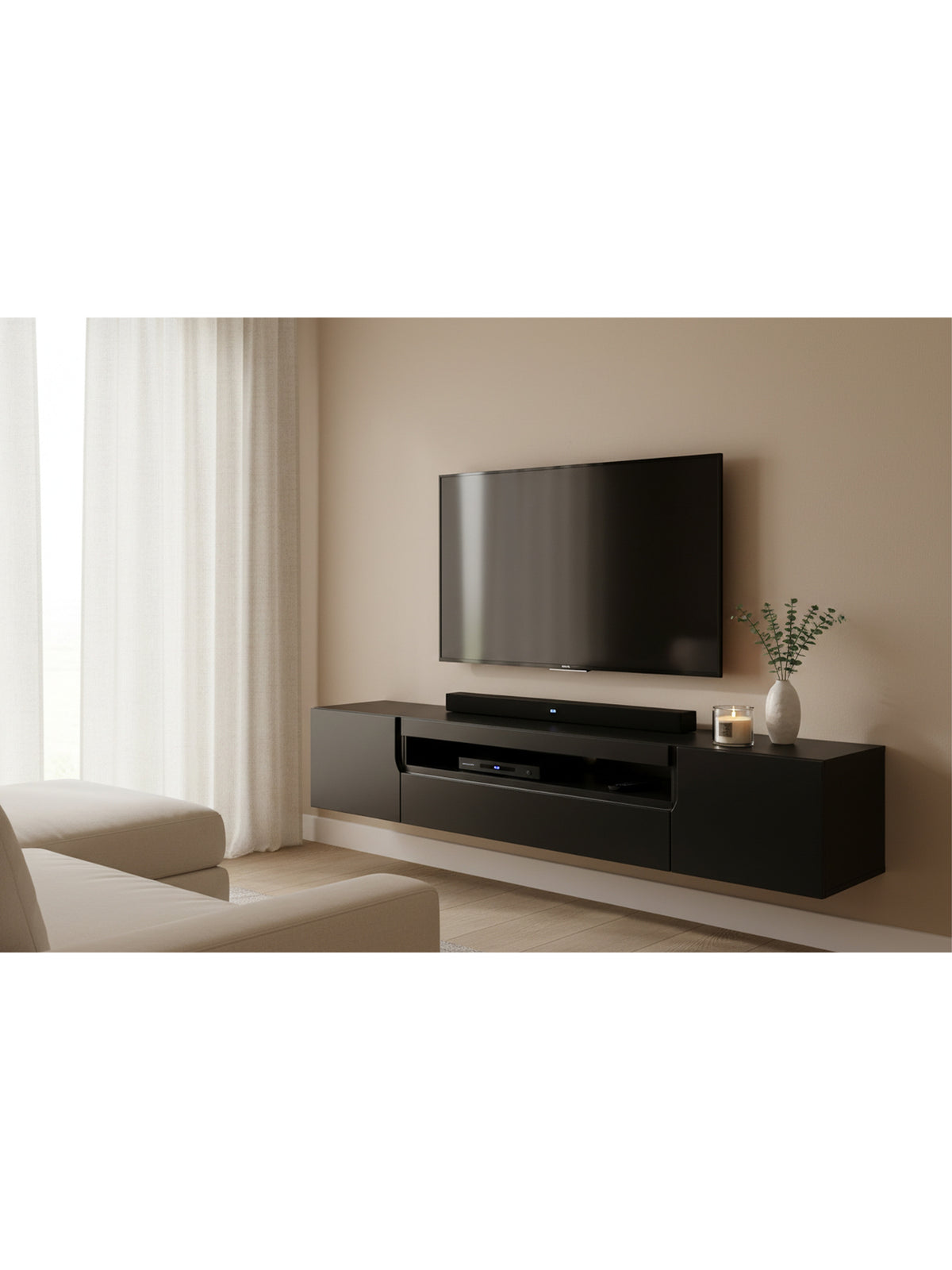 Loftia 200 cm fekete matt falra szerelhető TV szekrény két ajtóval és nyitott polccal, modern stílus