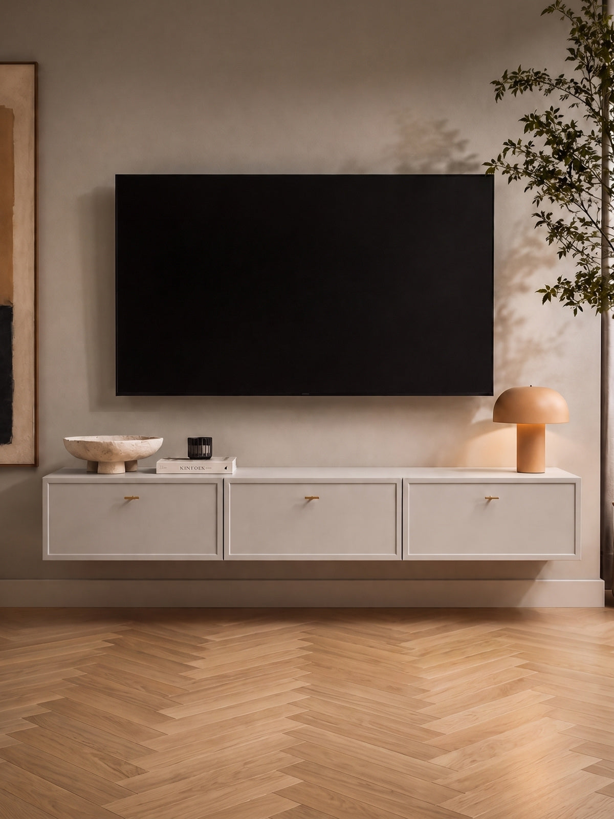 Lorini 200 cm kasmír falra szerelhető TV szekrény két fiókkal, arany T-bar fogantyúkkal