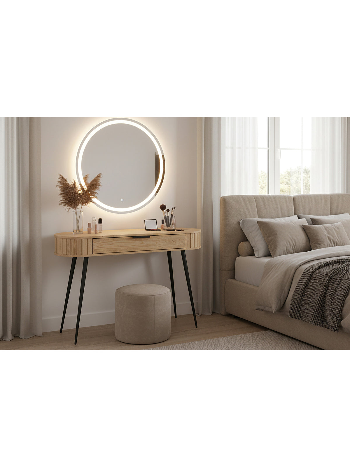 Toaletka Luvio 120 cm w kolorze dąb cremona z czarnymi metalowymi nogami i jedną szufladą