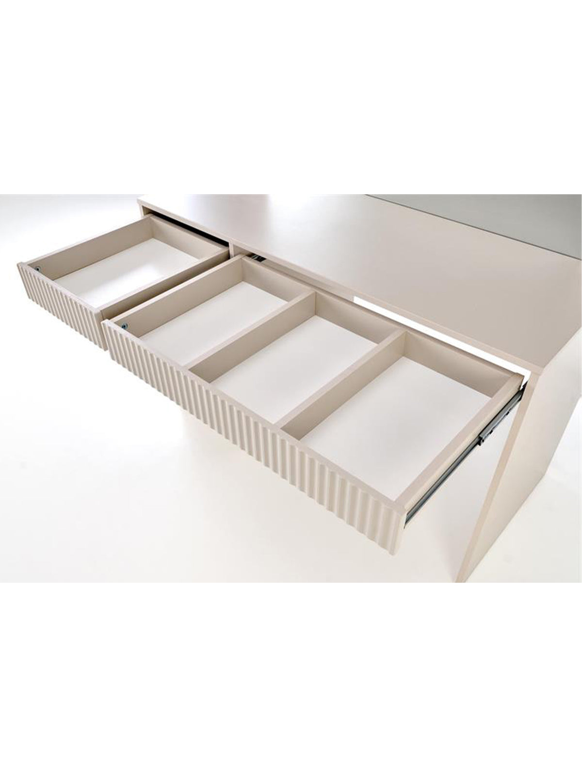 Toaletka Velinio 120 cm kaszmir ryflowana z 5 szufladami i lustrem LED