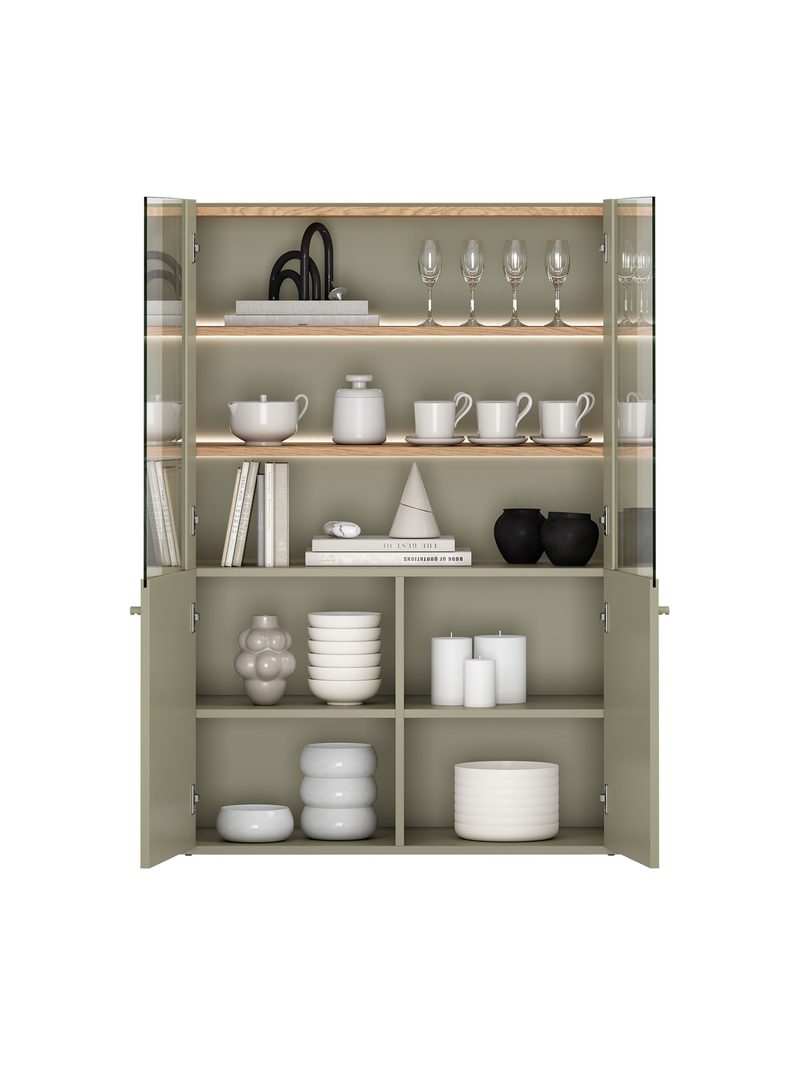 Kétdobozos Elivo vitrin 100 cm eukaliptusz színben, baltic dune tölgy lapozattal, polcokkal és LED világítással elölről