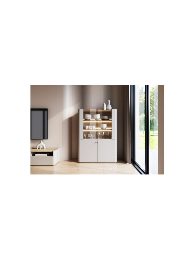 Elivo vitrines szekrény 100 cm kasmír színben, olajozott tölgy nappalival, modern, LED világítással