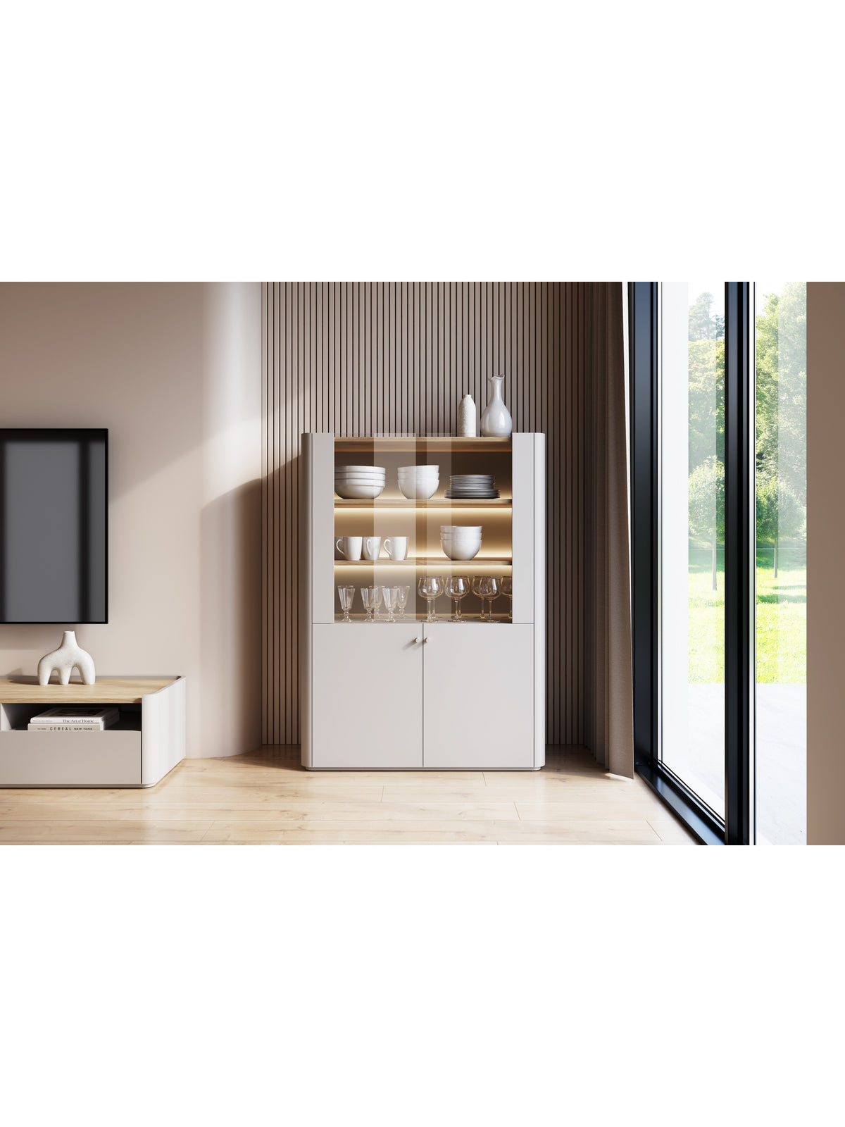 Elivo vitrines szekrény 100 cm kasmír színben, olajozott tölgy nappalival, modern, LED világítással