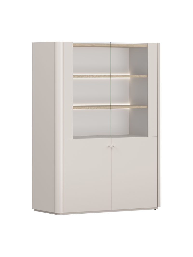 Elivo 100 cm kétszárnyú vitrin kasmír színben, olajozott tölgy lap, LED világítás