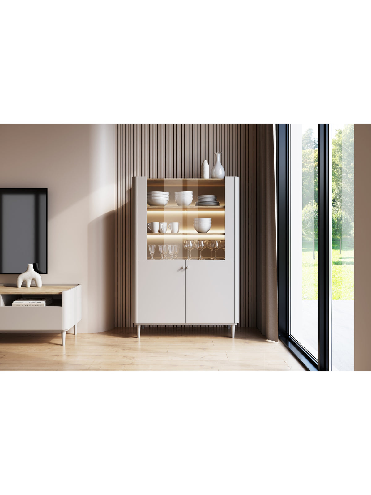 Elivo 100 cm-es kétajtós vitrin kasmírszínű, olajozott tömörfa tölgy fedlappal és LED világítással