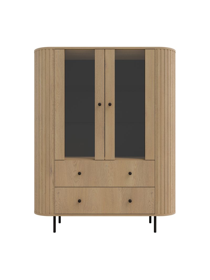 Lento 123 cm-es vitrines szekrény fiókokkal, dub cremona színben, fekete fogantyúval és lábbal