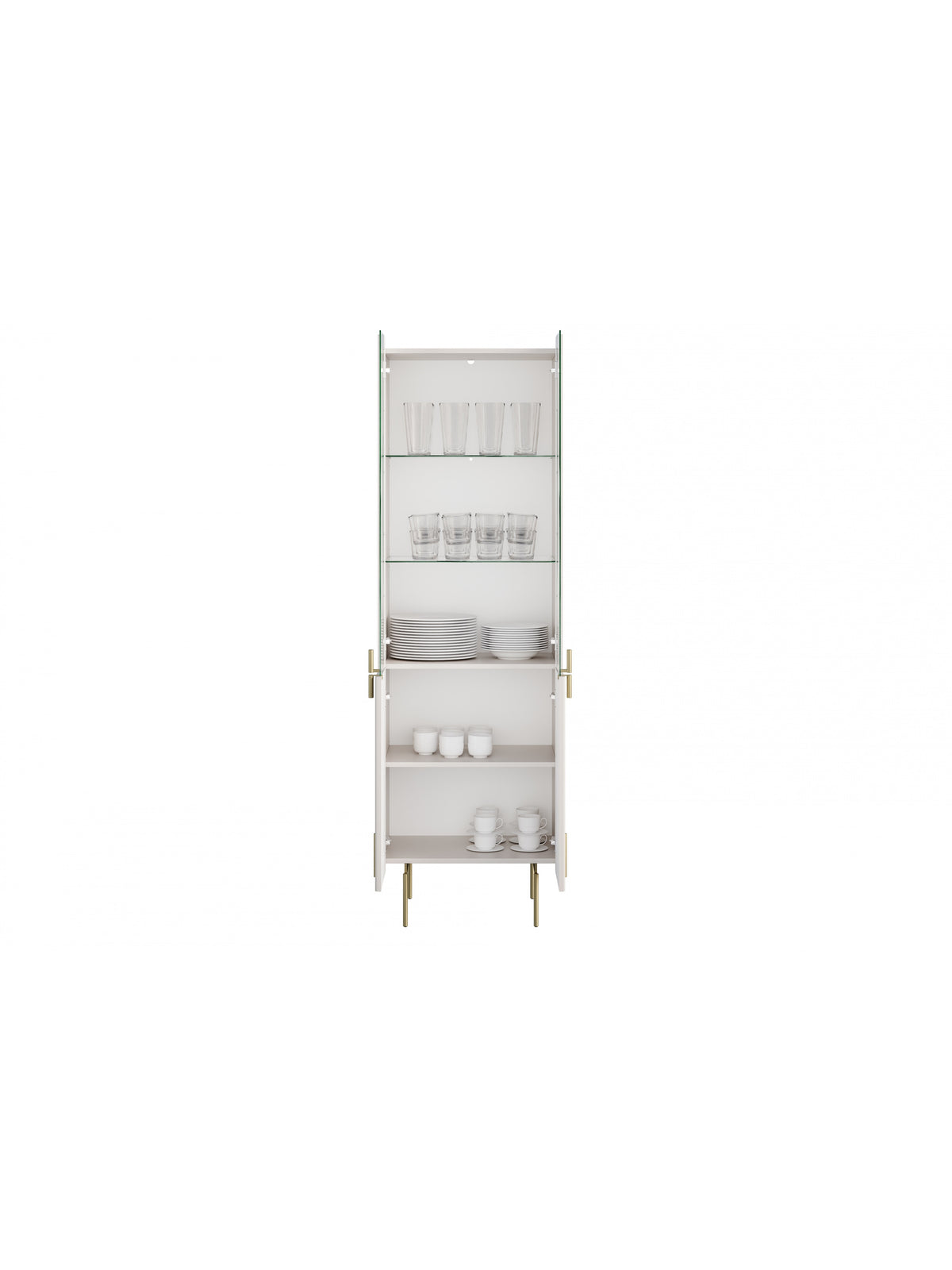 Malmi vitrines szekrény 60 cm, négyajtós, kasmír színű, arany lábakkal, nyitott ajtók elölnézet