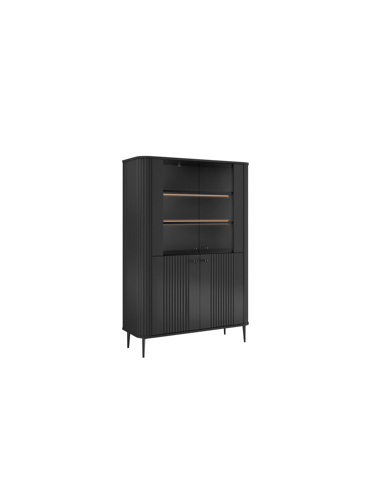 Vesper 103 cm fekete négyajtós vitrin fekete fém lábakkal, bordázott ajtók