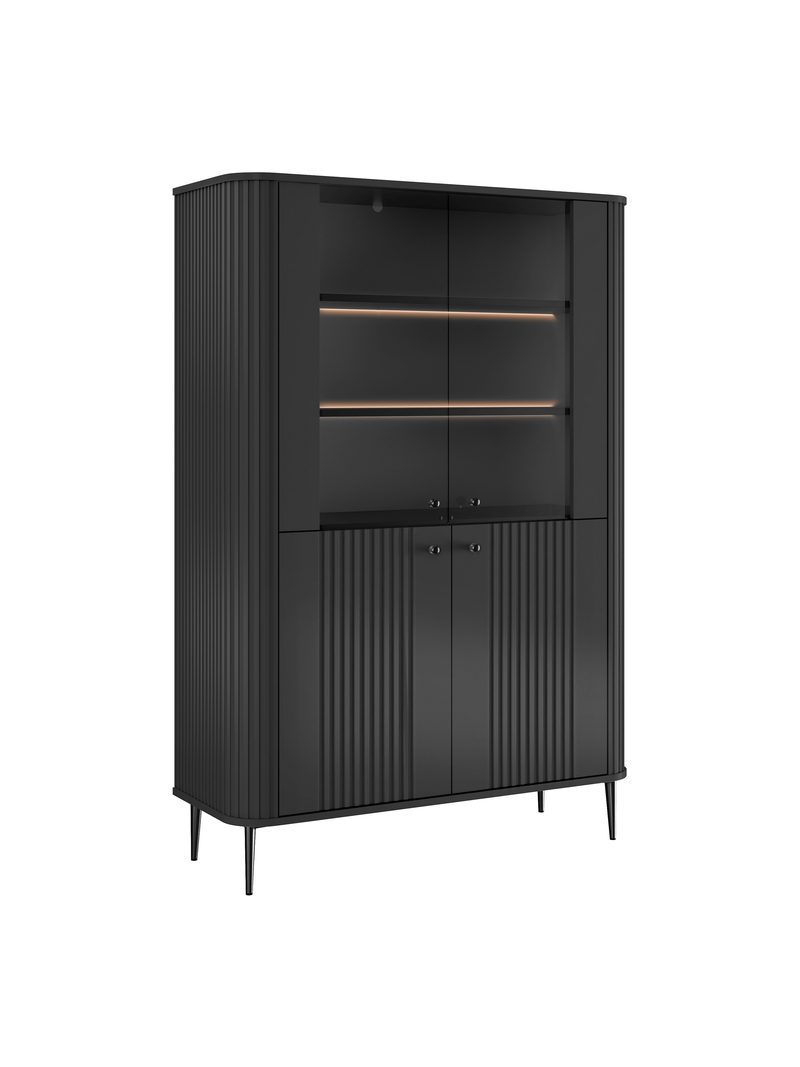 Vesper 103 cm fekete négyajtós vitrin fekete fém lábakkal, bordázott ajtók