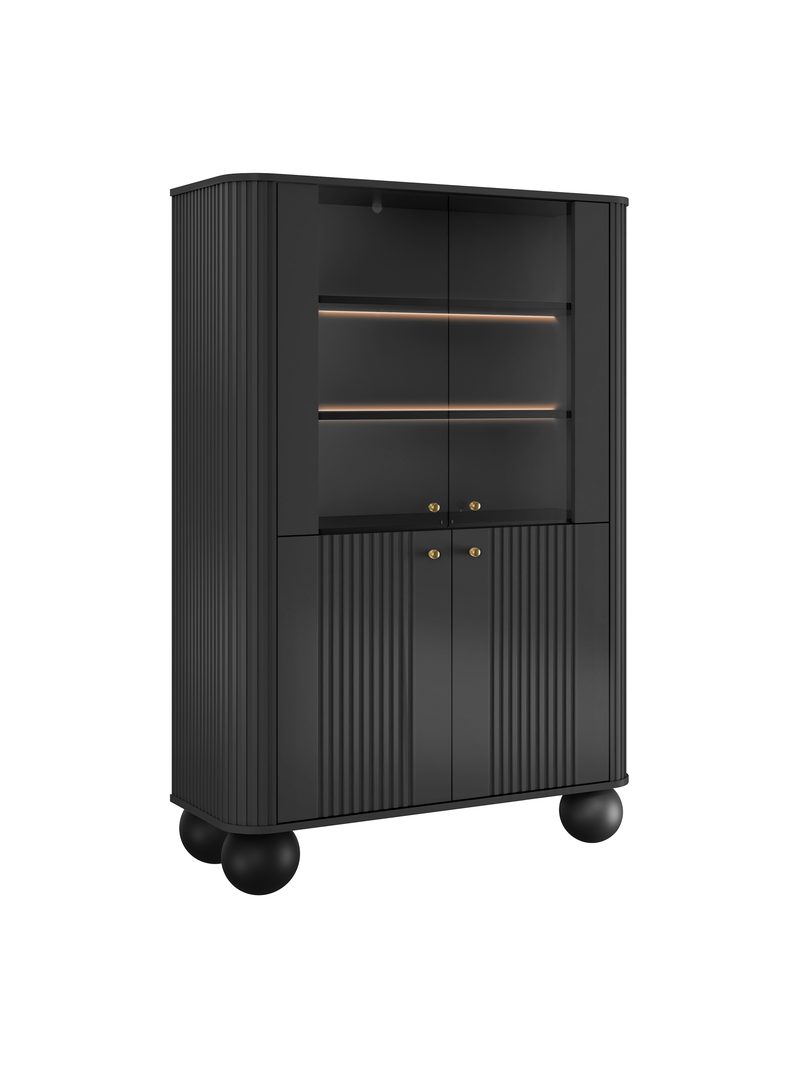 Fekete Vesper vitrines szekrény, 103 cm, négy ajtós, bordázott frontok, arany fogantyúk