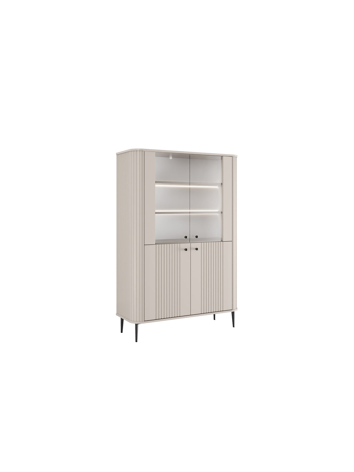 Vesper 103 cm-es négyajtós vitrin, kasmír szín, fekete lábak, bordázott ajtók