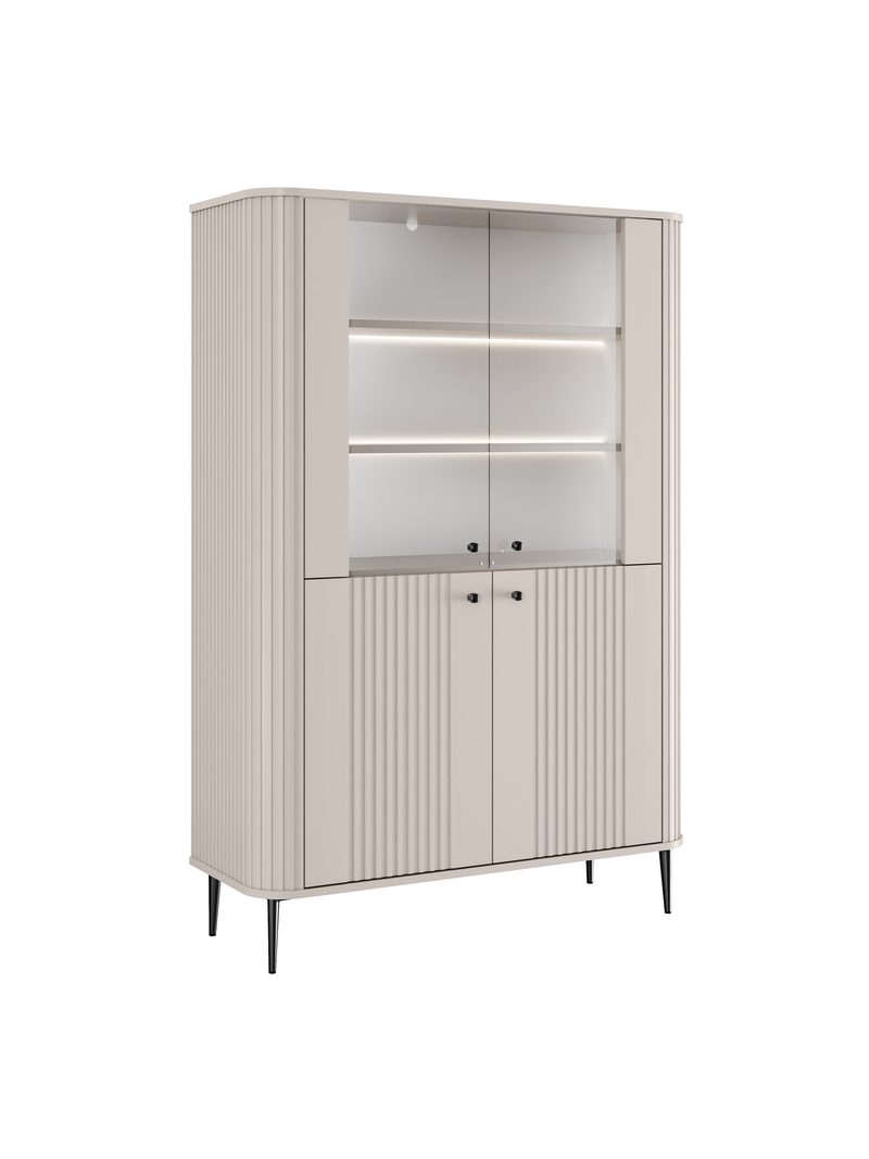 Vesper 103 cm-es négyajtós vitrin, kasmír szín, fekete lábak, bordázott ajtók