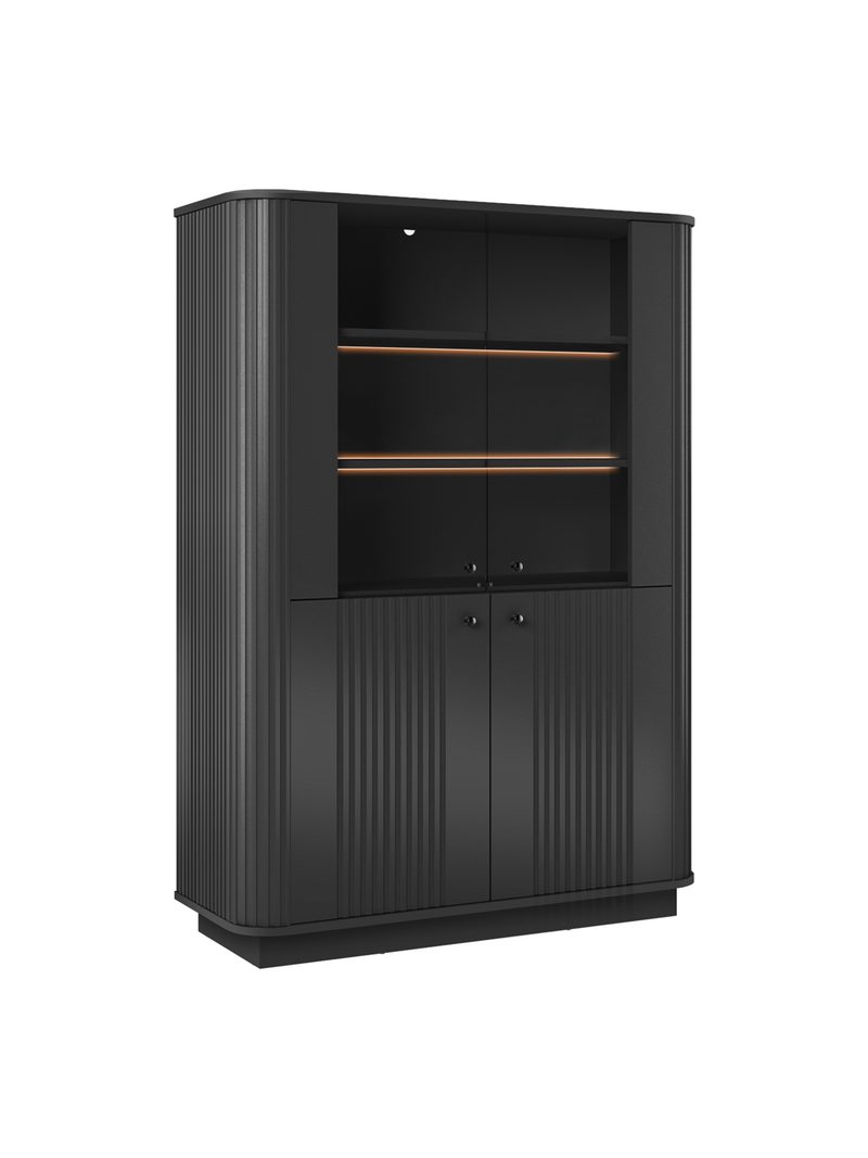 Fekete Vesper vitrin 103 cm négyajtós bordázott frontokkal, lábazaton