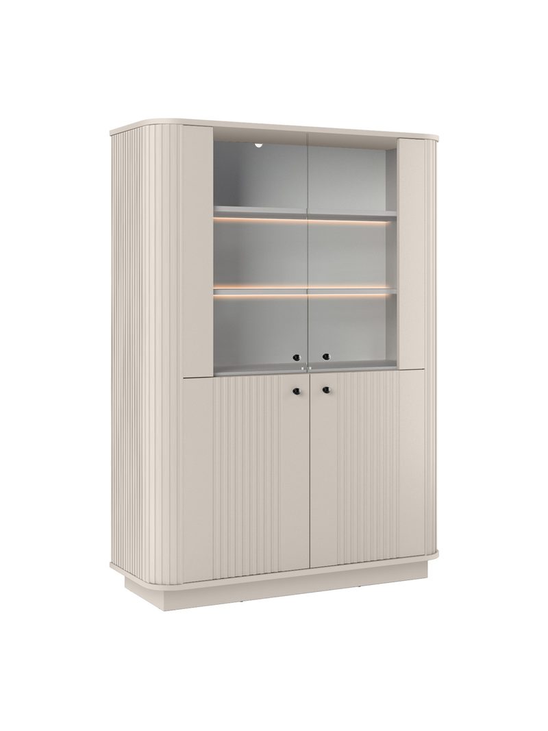 Vesper vitrines szekrény 103 cm négyajtós, kasmír színű, fekete fogantyúkkal, lábazaton