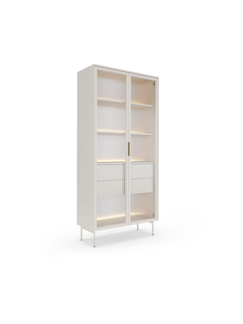 Magas Auri vitrines szekrény 91 cm kasmír színben LED világítással, kétajtós, fiókos