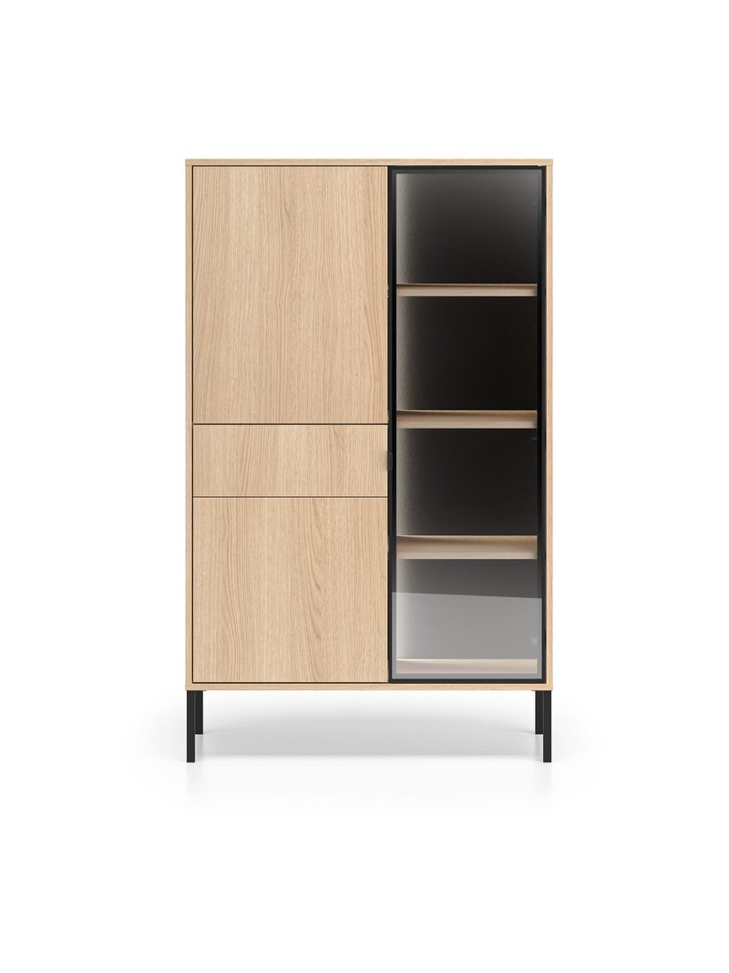 Harmona magas vitrin 92 cm fiókkal és LED világítással, dąb lindberg színben