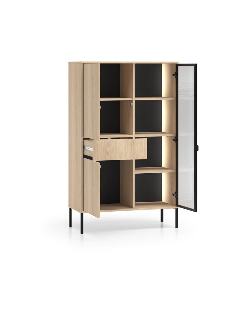 Harmona magas vitrin 92 cm Lindberg tölgyfából, fiókkal és LED világítással