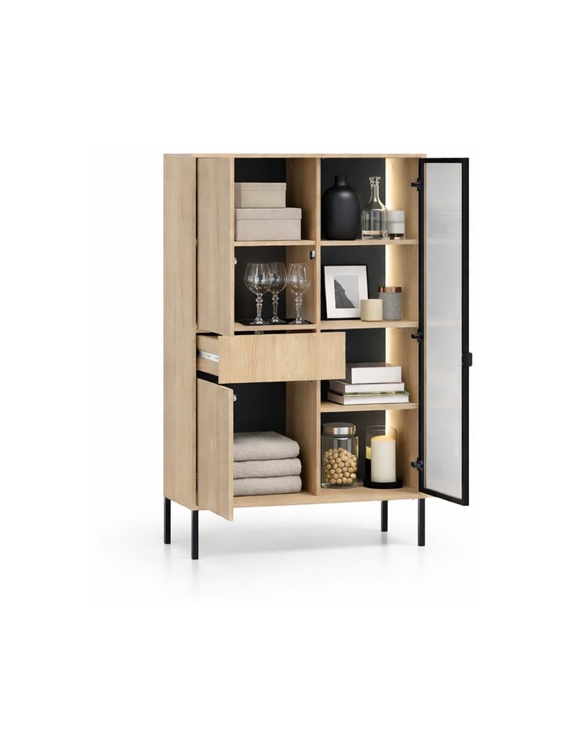 Harmona magas vitrines szekrény 92 cm világos dąb lindberg színben, fiókkal és LED világítással