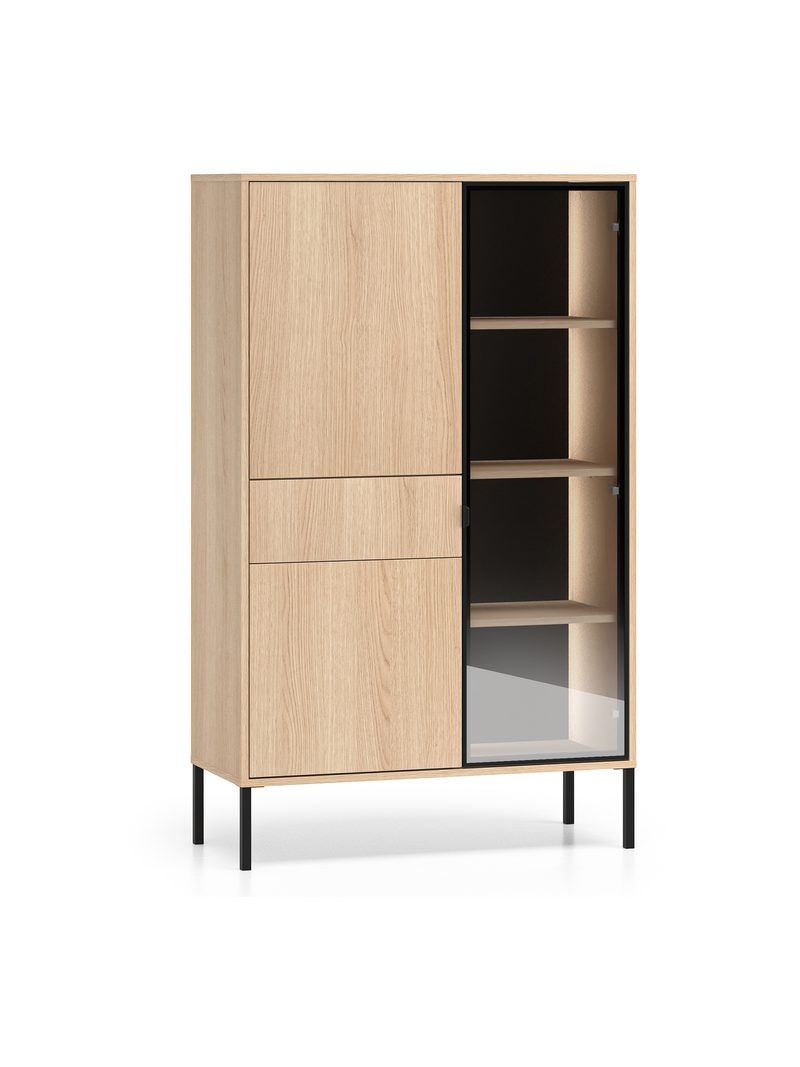 Harmona magas vitrin 92 cm fiókkal, fekete lábakkal, dąb lindberg dekor