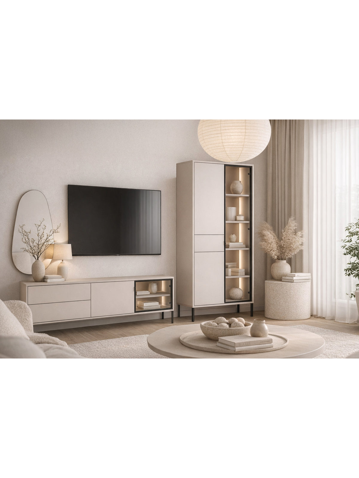 Harmona magas vitrines szekrény 92 cm kasmír LED világítással és fekete lábakkal