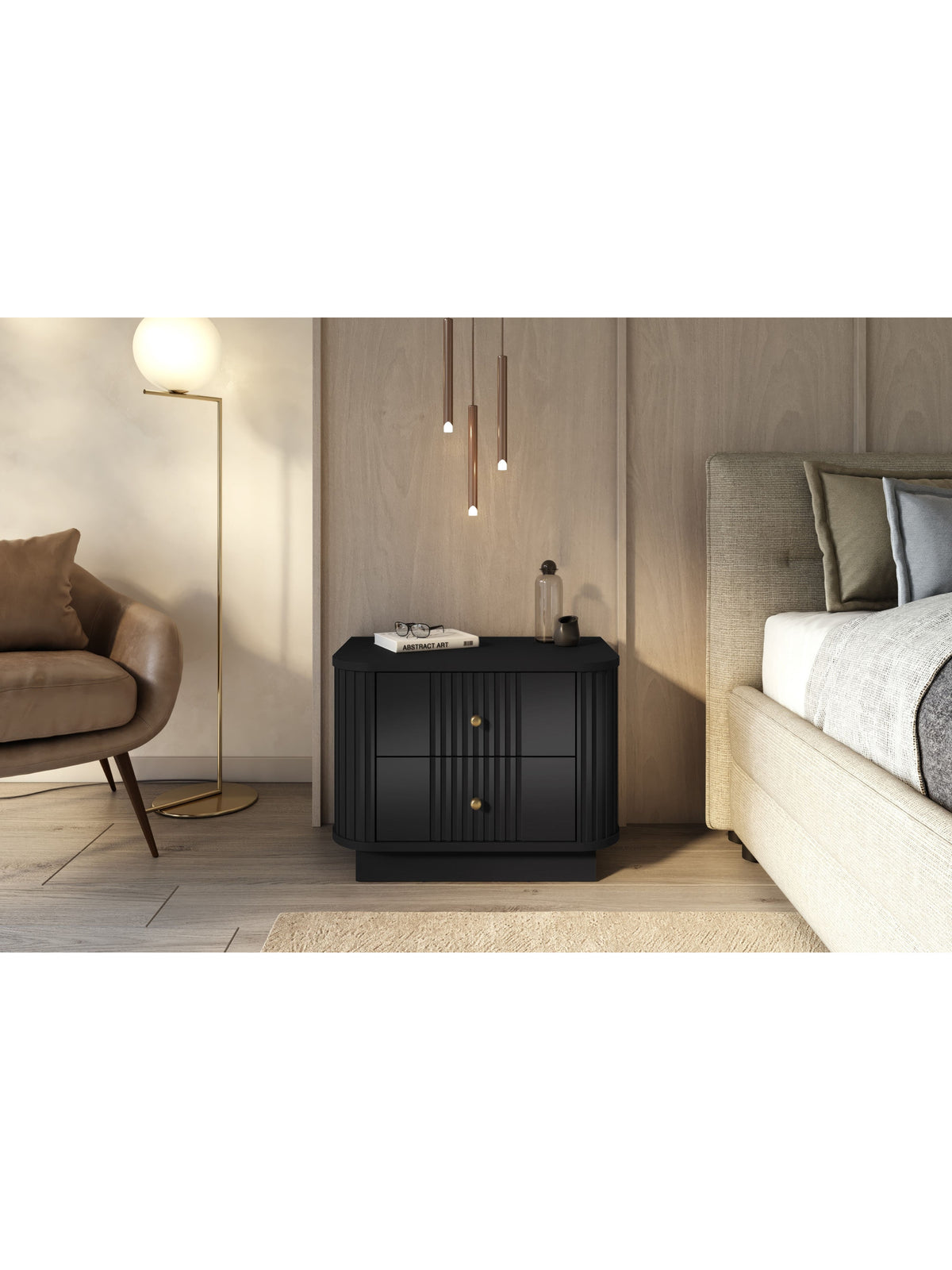 Vesper 56 cm fekete bordázott éjjeliszekrény szett arany fogantyúkkal, lábazaton
